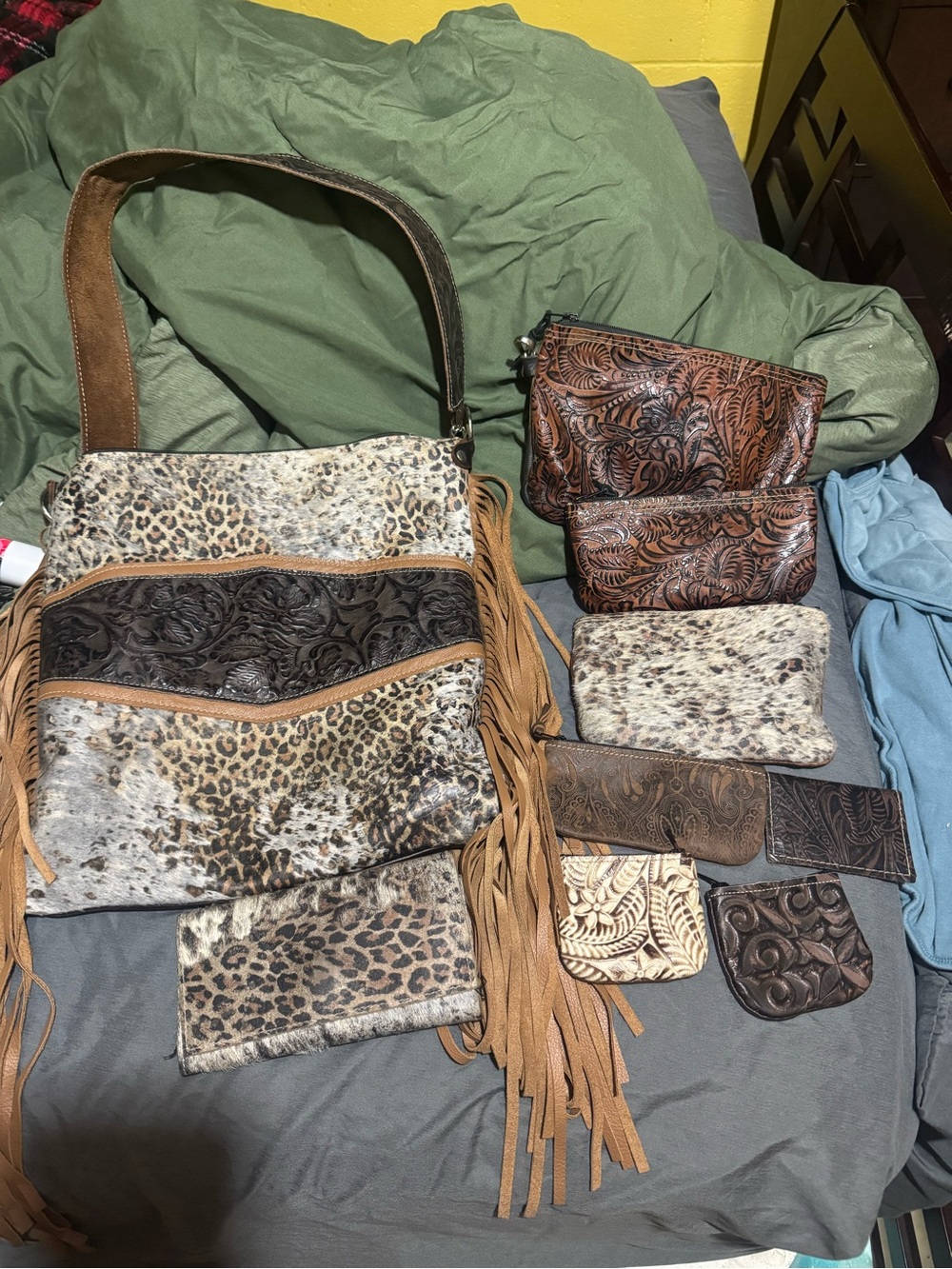 Leopard Print Fringe Crossbody Bag with Matching Pouches - Brown